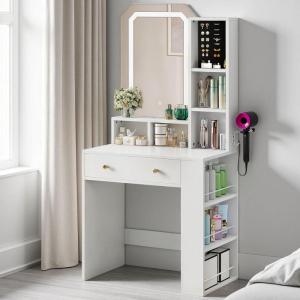 imageYITAHOME Makeup Vanity Desk with LED Mirror Jewelry Storage Hair Dryer Holder and Open Shelves Compact Vanity Desk for Small RoomsCream White