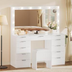 imageYITAHOME Makeup Vanity Desk with LED Mirror ampamp 3 Brightness Levels Makeup Table with 11 Drawers Magnifying Glass Power Outlets Hairdryer Holder ampamp Storage Cushion Stool for Dressing Room