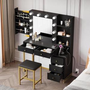 imageYITAHOME Makeup Vanity Desk with Mirror ampamp Power Outlet Vanity Set with Hidden Jewelry Storage Shelves and 5 Drawers Adjustable 3 Lighting Colors Hollywood Dressing Table with Stool BlackBlack