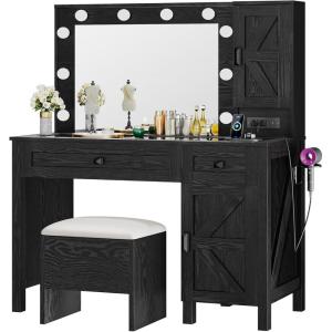 imageYITAHOME Makeup Vanity Desk with Mirror and Lights Farmhouse Vanity Table with Charging Station 42 Dressing Table with 2 Drawers ampamp 6 Cabinets 3 Color Lighting Modes for Bedroom BlackBlack