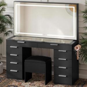 imageYITAHOME Makeup Vanity Set with Oversized Mirror 3Mode LED Lighting Spacious Glass Surface