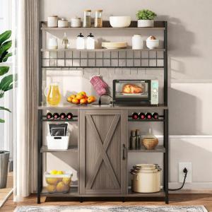 imageYITAHOME Microwave Stand Bakers Rack w Power Outlet Coffee Bar Kitchen Freestanding Utility Storage Shelf for Pantry Appliance Spice Pot Pan Organizer w Thickened Counter 6 Hook 39quot Oak ampamp WhiteGrey