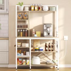 imageYITAHOME Microwave Stand Bakers Rack w Power Outlet Coffee Bar Kitchen Freestanding Utility Storage Shelf for Pantry Appliance Spice Pot Pan Organizer w Thickened Counter 6 Hook 39quot Oak ampamp WhiteOak  White