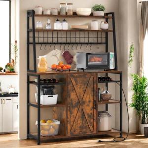 imageYITAHOME Microwave Stand Bakers Rack w Power Outlet Coffee Bar Kitchen Freestanding Utility Storage Shelf for Pantry Appliance Spice Pot Pan Organizer w Thickened Counter 6 Hook 39quot Oak ampamp WhiteRustic Brown
