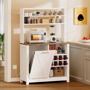 imageYITAHOME Microwave Stand Bakers Rack w Power Outlet Coffee Bar Kitchen Freestanding Utility Storage Shelf for Pantry Appliance Spice Pot Pan Organizer w Thickened Counter 6 Hook 39quot Oak ampamp WhiteWhite  Washed Grey
