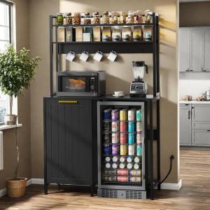 imageYITAHOME Mini Fridge Cabinet Stand with Trash Can Storage 4Tier Bakers Rack Microwave Oven Stand with Power Outlets Freestanding Coffee Bar Shelf Station for Kitchen Home Office WhiteBlack