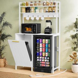 imageYITAHOME Mini Fridge Cabinet Stand with Trash Can Storage 4Tier Bakers Rack Microwave Oven Stand with Power Outlets Freestanding Coffee Bar Shelf Station for Kitchen Home Office WhiteWhite