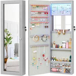 imageYITAHOME Mirror Jewelry Cabinet Wall Mounted Jewelry Cabinet Door Hanging LED Jewelry Organizer with Full Length MirrorBuiltin Makeup Mirror4 Drawers Lockable Jewelry Armoires Grey