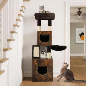imageYITAHOME Modern Cat Tree with Litter Box Enclosure Combo Endtable and Large Cat Tower with Basket 4in1 Litter Box Furniture Hidden and Scratching Post for Large CatsRustic Brown