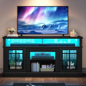 imageYITAHOME Modern TV Stand for 75 Inch TV LED Entertainment Center with Adjustable Shelves and Glass Doors 32 Tall Television Stands TV Media Console Table for Living Room Pine GreyBlack