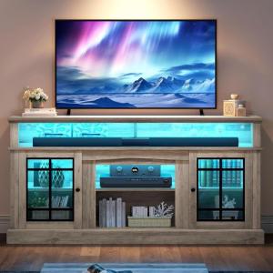 imageYITAHOME Modern TV Stand for 75 Inch TV LED Entertainment Center with Adjustable Shelves and Glass Doors 32 Tall Television Stands TV Media Console Table for Living Room Pine GreyPine Grey