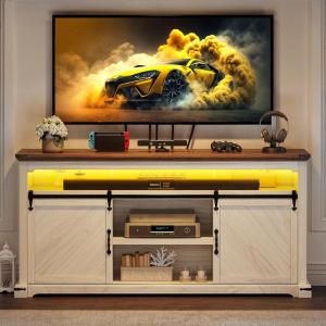 imageYITAHOME Modern TV Stand for 75 Inch TV LED Entertainment Center with Adjustable Shelves and Glass Doors 32 Tall Television Stands TV Media Console Table for Living Room Pine GreyOff White  Walnut Grain