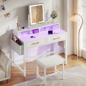imageYITAHOME Modern Vanity Desk with Stool Small Makeup Table with Drawers and RGB Lights Power Outlet Interchangeable Side Hook ampamp Side Pocket No Mirror Design 315 x 157 x 343 Inches Pearl WhiteCream White