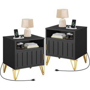 imageYITAHOME Night Stand Set 2 Fluted Nightstand with Charging Station Metal Bedside Table with Storage Shelf Modern End Tables for Bedroom Sofa Couch Black