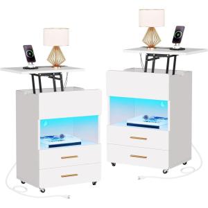 imageYITAHOME Nightstand Set of 2 with Lift Top Night Stand with Charging Station ampamp LED Lights Mobile Bedside Tables with 2 Drawe for Bedroom Living Room