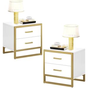 imageYITAHOME Nightstand with 2 Drawers Small End Side Table with Storage Modern Bedside Table with Metal Frame for Small Space Bedroom Set of 2 White