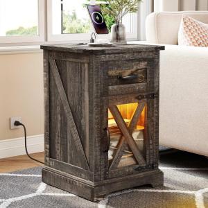 imageYITAHOME Nightstand with Charging Station Farmhouse End Bedside Table with LED Lights Barn Door and Adjustable Storage Shelf Table Wood Rustic Sofa Side Table for Living Room Bedroom 1pcDark Rustic Oak