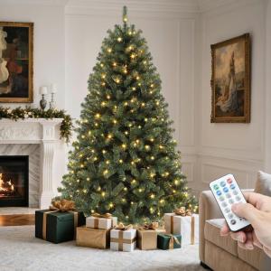 imageYITAHOME PreLit Green Artificial Hinged Christmas Tree with Remote Control 6ft Prelighted Spruce Xmas Tree for Home Office Party Decoration with 1000 Branch Tips and 250 Lights GreenGreen