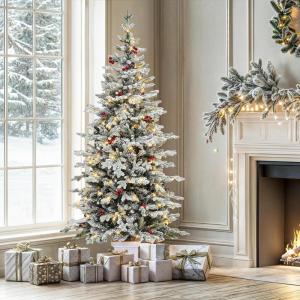 imageYITAHOME PreLit Green Artificial Hinged Christmas Tree with Remote Control 6ft Prelighted Spruce Xmas Tree for Home Office Party Decoration with 1000 Branch Tips and 250 Lights GreenWhite With Red Berries