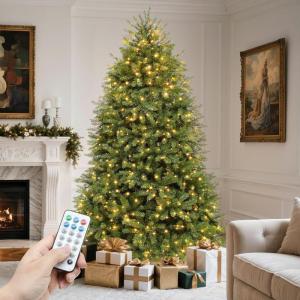 imageYITAHOME PreLit Mountain Pine Flocked Christmas Tree with Remote 75FT PreDecorated Hierarchical Tower Flocked Christmas Tree 1278 Branch Tips 550 Lights 55 Pine Cones for Party Home DecoGreen Bell