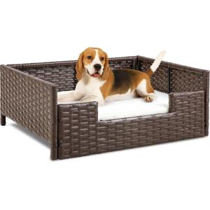 imageYITAHOME Rattan Dog Sofa Bed with CushionWicker Pet Bed Sofa Couch Indoor Outdoor Water Unaffected for Large Medium Small Dogs Cats 248L197W98BlueBrownBeige