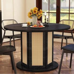 imageYITAHOME Round Dining Table for 46 People Circle Dining Table with Wooden Rattan Base Modern Farmhouse Kitchen Table Round for Dining Room Kitchen Apartment Natural OakBlack  Oak