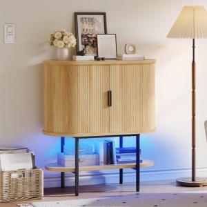 imageYITAHOME Sideboard Buffet Cabinet with LED Light Fluted Storage Cabient with Sliding Door Wine Rack and Glass Holders Home Coffee Bar Cabinet with Storage for Kitchen Living Room Natural OakNatural