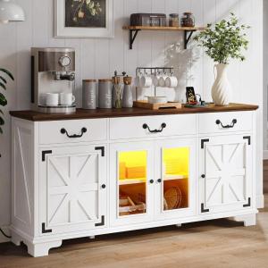 imageYITAHOME Sideboard Buffet Cabinet with Power Outlets ampamp LED Light 66 Large Modern Farmhouse Storage Cabinet w3 Drawers and Glass Doors Coffee Bar Table for Kitchen Living Room White ampamp Brown