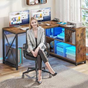 imageYITAHOME Small Computer Desk with Storage Shelves 55quot L Shaped Desk with Power Outlets ampamp LED Lights Coner Home Office Desk for Small Space Rustic BrownRustic Brown