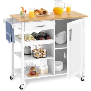 imageYITAHOME Small Solid Wood Top Kitchen Island Cart on Wheels with Storage Rolling Portable Dining Room Serving Utility Carts Mobile Movable with 3 Drawers Cabinet Dark Brown413W White