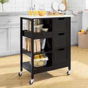 imageYITAHOME Small Solid Wood Top Kitchen Island Cart on Wheels with Storage Rolling Portable Dining Room Serving Utility Carts Mobile Movable with 3 Drawers Cabinet Dark Brown267W Dark Brown