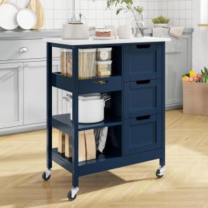 imageYITAHOME Small Solid Wood Top Kitchen Island Cart on Wheels with Storage Rolling Portable Dining Room Serving Utility Carts Mobile Movable with 3 Drawers Cabinet Dark Brown267W Blue