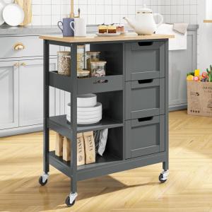 imageYITAHOME Small Solid Wood Top Kitchen Island Cart on Wheels with Storage Rolling Portable Dining Room Serving Utility Carts Mobile Movable with 3 Drawers Cabinet Dark Brown267W Gray