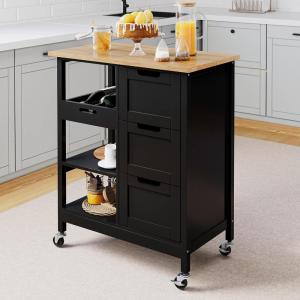 imageYITAHOME Small Solid Wood Top Kitchen Island Cart on Wheels with Storage Rolling Portable Dining Room Serving Utility Carts Mobile Movable with 3 Drawers Cabinet Dark Brown267W Black