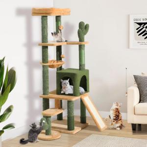 imageYITAHOME Tall Cactus Cat Tree Tower with SelfGrooming Brush 60in Cute Cat Climbing Tower for Indoor Cats with Cat Condo Top Perch Basktet Sisal Scratching Posts and Board Dangling BallCactus60in