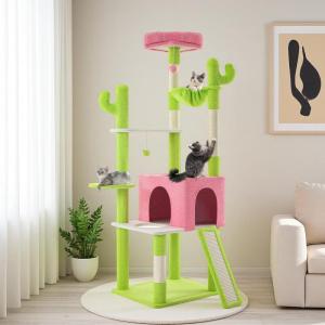 imageYITAHOME Tall Cactus Cat Tree Tower with SelfGrooming Brush 60in Cute Cat Climbing Tower for Indoor Cats with Cat Condo Top Perch Basktet Sisal Scratching Posts and Board Dangling BallGreen  Pink68in