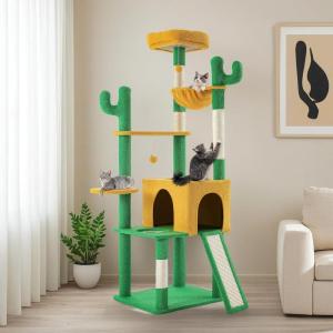 imageYITAHOME Tall Cactus Cat Tree Tower with SelfGrooming Brush 60in Cute Cat Climbing Tower for Indoor Cats with Cat Condo Top Perch Basktet Sisal Scratching Posts and Board Dangling BallGreen  Yellow68in
