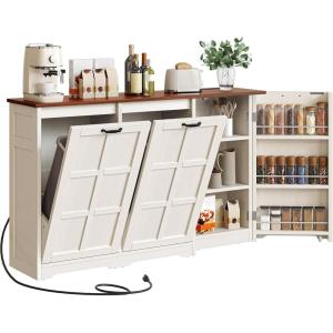 imageYITAHOME TiltOut Trash Can Cabinet with Outlets 13 Gallon Hidden Trash Cabinet with Storage Rack Kitchen Island with Hidden Trash Can Storage Kitchen Garbage Cabinets White OakWhite Oak