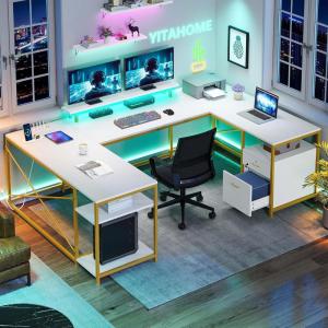 imageYITAHOME U Shaped Desk with Power Outlets ampamp LED Lights 79quot Reversible L Shaped Desk with Drawers Corner Computer Desk Office Desk with Monitor Stand ampamp Storage Shelves BlackWhite  Gold