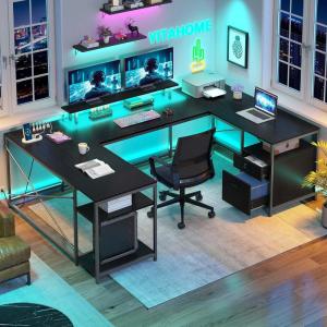 imageYITAHOME U Shaped Desk with Power Outlets ampamp LED Lights 79quot Reversible L Shaped Desk with Drawers Corner Computer Desk Office Desk with Monitor Stand ampamp Storage Shelves BlackBlack