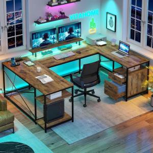 imageYITAHOME U Shaped Desk with Power Outlets ampamp LED Lights 79quot Reversible L Shaped Desk with Drawers Corner Computer Desk Office Desk with Monitor Stand ampamp Storage Shelves BlackRustic Brown