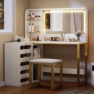 imageYITAHOME Vanity Desk Set L Makeup Vanity with Mirror and Lights 3 Lighting Modes 48quot Large Dressing Table with 5 Tempered Glass Drawers with Open Storage Shelves Vanity Table White UpgradedWhite