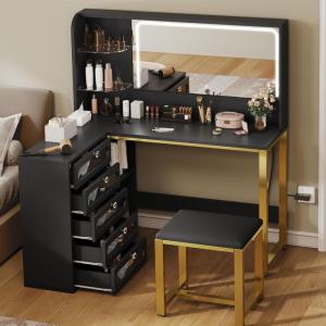 imageYITAHOME Vanity Desk Set L Makeup Vanity with Mirror and Lights 3 Lighting Modes 48quot Large Dressing Table with 5 Tempered Glass Drawers with Open Storage Shelves Vanity Table White UpgradedBlack