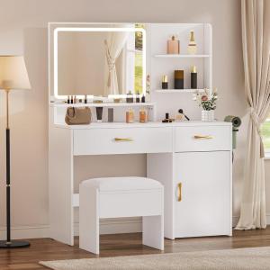 imageYITAHOME Vanity Desk Set with LED Mirror ampamp Charging Station 4Drawer Makeup Table with Light Strip and Stool Modern Dressing TableLight White