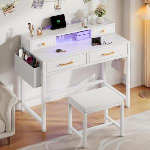 imageYITAHOME Vanity Desk Set with LED Mirror ampamp Charging Station 4Drawer Makeup Table with Light Strip and Stool Modern Dressing TableWhite
