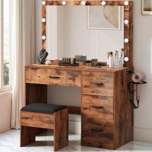 imageYITAHOME Vanity Desk Set with Lighted Mirror Makeup Vanity with Power Outlets ampamp Storage Drawers Vanity Set with StoolBrown
