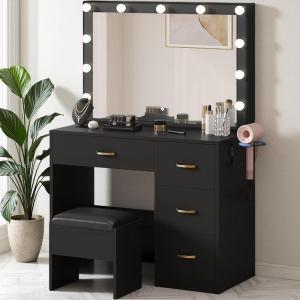 imageYITAHOME Vanity Desk Set with Lighted Mirror Makeup Vanity with Power Outlets ampamp Storage Drawers Vanity Set with StoolDark Black