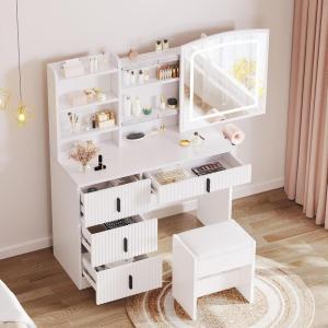 imageYITAHOME Vanity Desk with 22quot Mirror LED Lights and Power Outlet Makeup Table with 4 Drawers Adjustable 3 Lighting Colors Vanity Table with Open Storage Shelves for Bedroom Dressing Room WhiteWhite