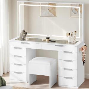imageYITAHOME Vanity Desk with Lighted Mirror and Power Outlets Makeup Vanity Table with Stool with Hidden Storage 10 Drawers Tempered Glass Top 3 LED Colors Makeup Table Home FurnitureMilky White