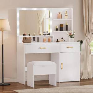imageYITAHOME Vanity Desk with Mirror Makeup Vanity Set with Power Strip 9 Dimmable Bulbs Drawers Cabinet Shelves and Stool 3Color Adjustable Lighting Elegant Vanity for Dressing Room WhitePearl White